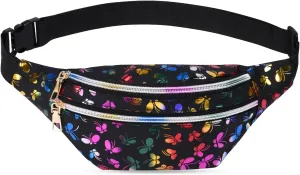 Holographic Fanny Pack for Women, Fashion Water Resistant Waist Bag, with Adjustable Belt & Multi-Pockets, Sport Casual Waist Pack for Travel, Hiking, Party, Daily Use - Black