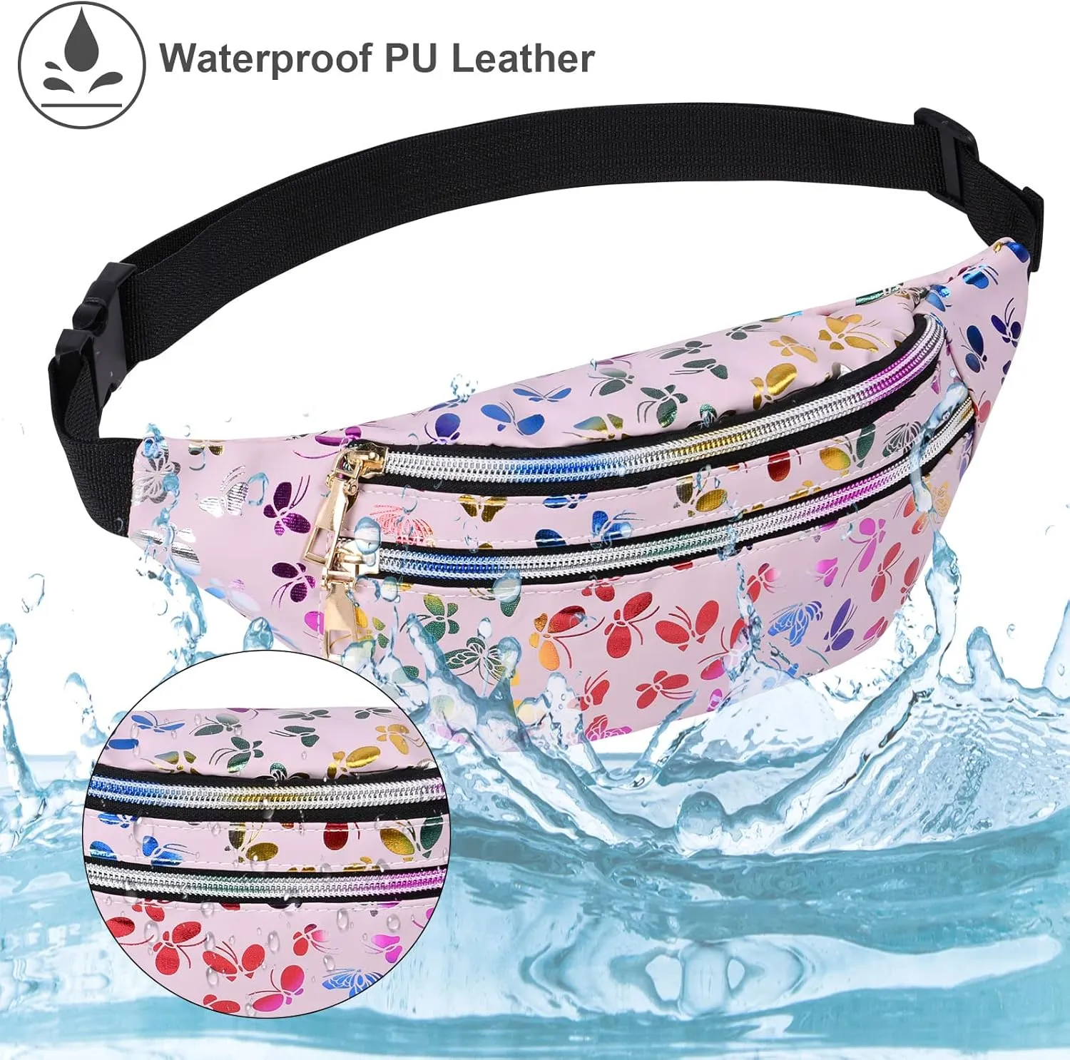 Holographic Fanny Pack for Women, Fashion Water Resistant Waist Bag, with Adjustable Belt & Multi-Pockets, Sport Casual Waist Pack for Travel, Hiking, Party, Daily Use (Pink)