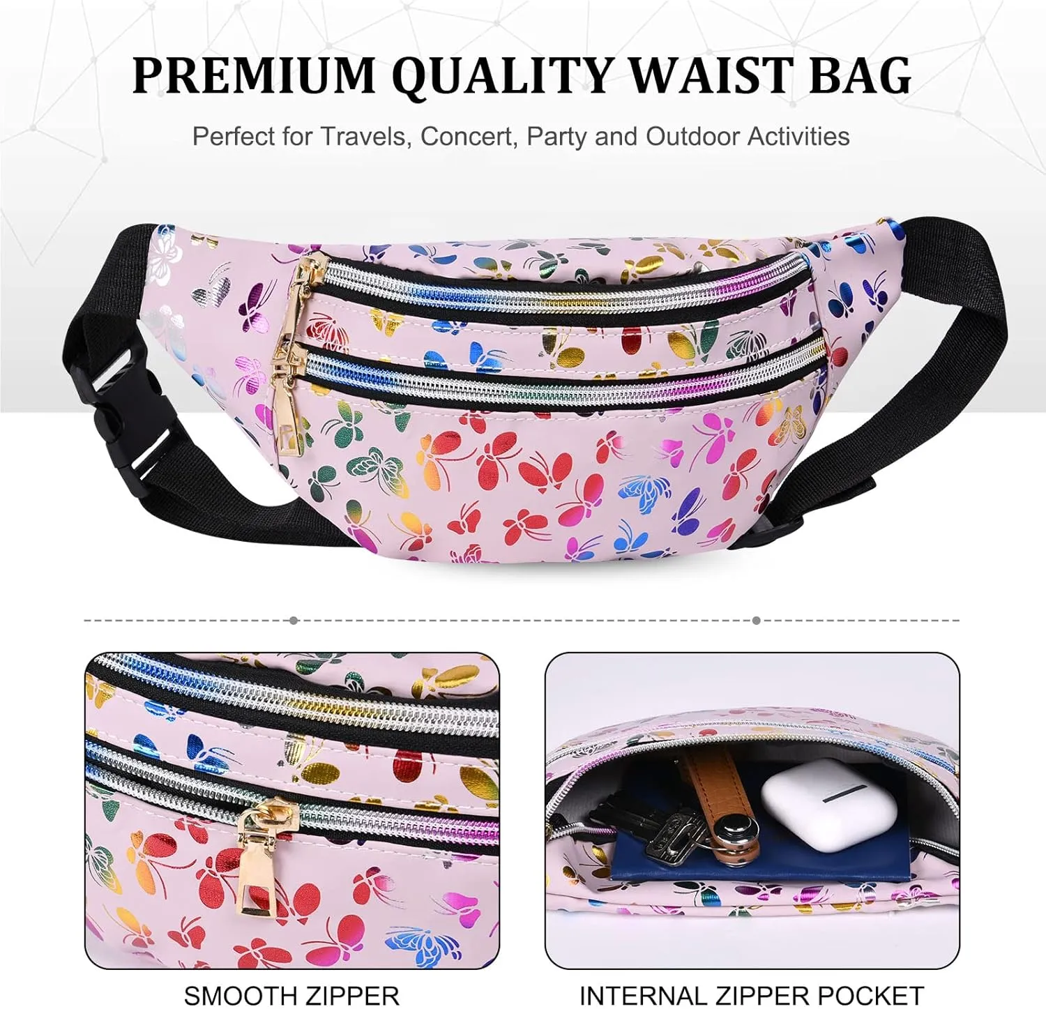 Holographic Fanny Pack for Women, Fashion Water Resistant Waist Bag, with Adjustable Belt & Multi-Pockets, Sport Casual Waist Pack for Travel, Hiking, Party, Daily Use (Pink)