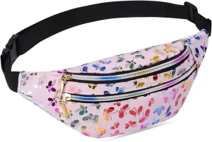 Holographic Fanny Pack for Women, Fashion Water Resistant Waist Bag, with Adjustable Belt & Multi-Pockets, Sport Casual Waist Pack for Travel, Hiking, Party, Daily Use (Pink)