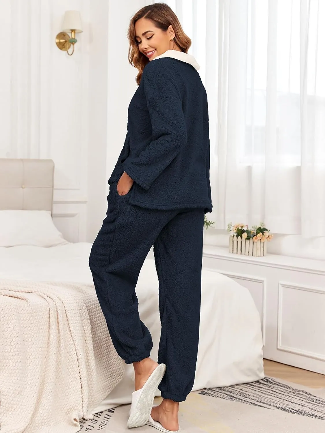 HOTIAN Women' s Fluffy Pajamas Set Fuzzy Fleece Pullover Pants Loungewear Sets Plush Pjs Sleepwear with Pockets