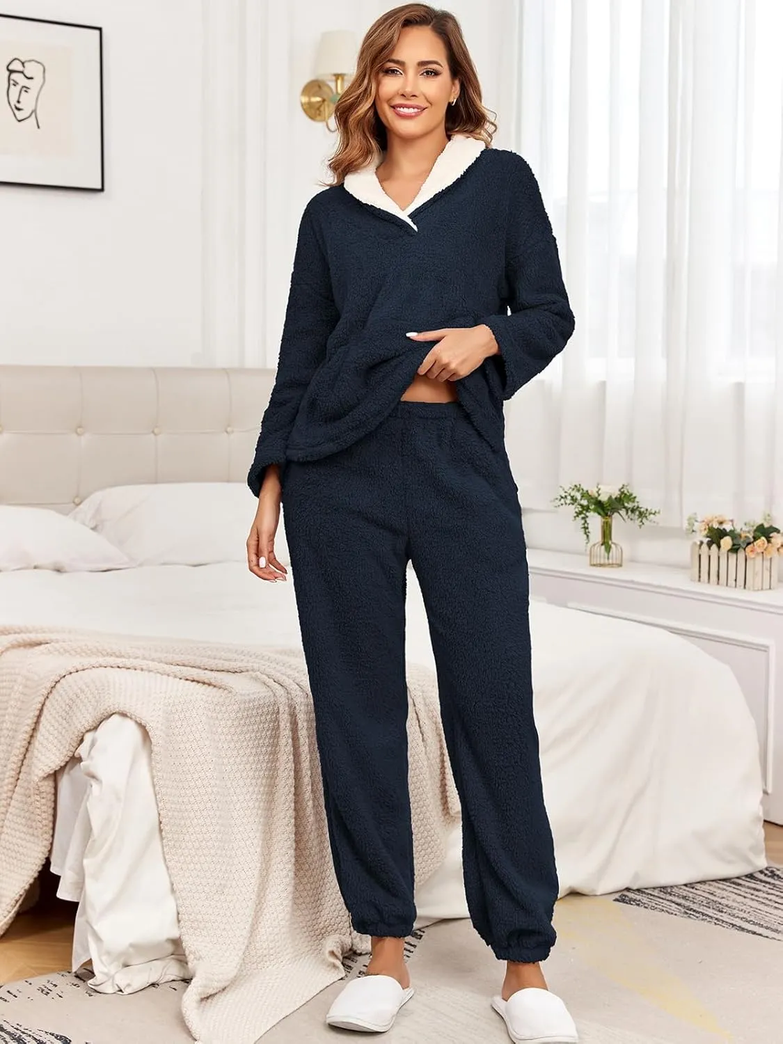 HOTIAN Women' s Fluffy Pajamas Set Fuzzy Fleece Pullover Pants Loungewear Sets Plush Pjs Sleepwear with Pockets