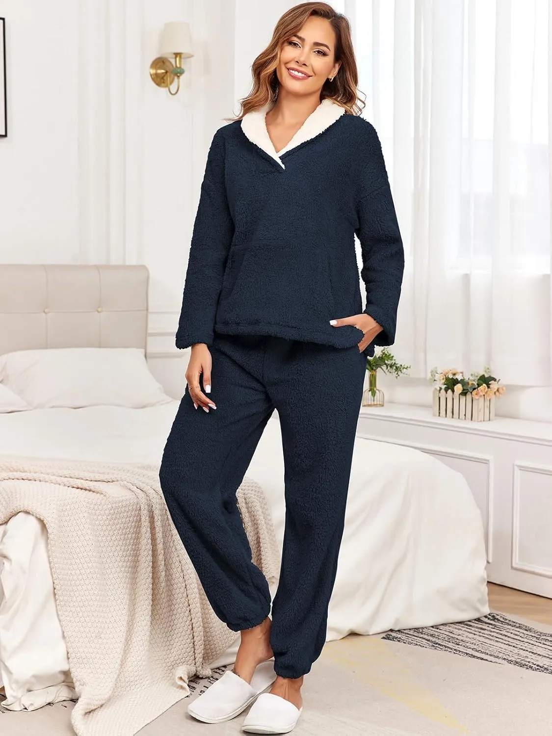 HOTIAN Women' s Fluffy Pajamas Set Fuzzy Fleece Pullover Pants Loungewear Sets Plush Pjs Sleepwear with Pockets