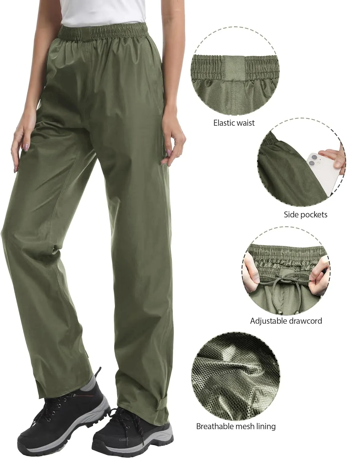 iCreek Women's Rain Pants Waterproof Hiking Pants Windproof Lightweight Over Pants Work Rain Outdoor for Golf, Fishing