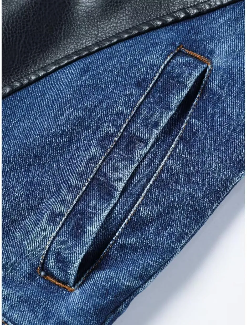 INVACHI Mens Leather Jacket & Denim Patchwork Motorcycle Jacket Notched Lapel Biker Style Jacket for Men
