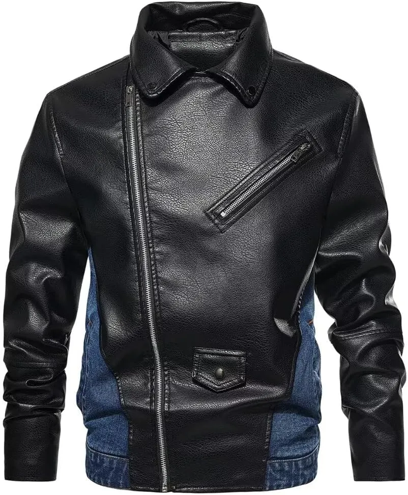 INVACHI Mens Leather Jacket & Denim Patchwork Motorcycle Jacket Notched Lapel Biker Style Jacket for Men