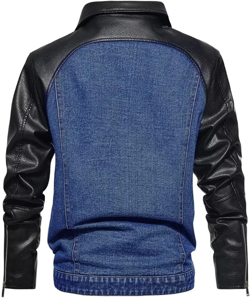 INVACHI Mens Leather Jacket & Denim Patchwork Motorcycle Jacket Notched Lapel Biker Style Jacket for Men