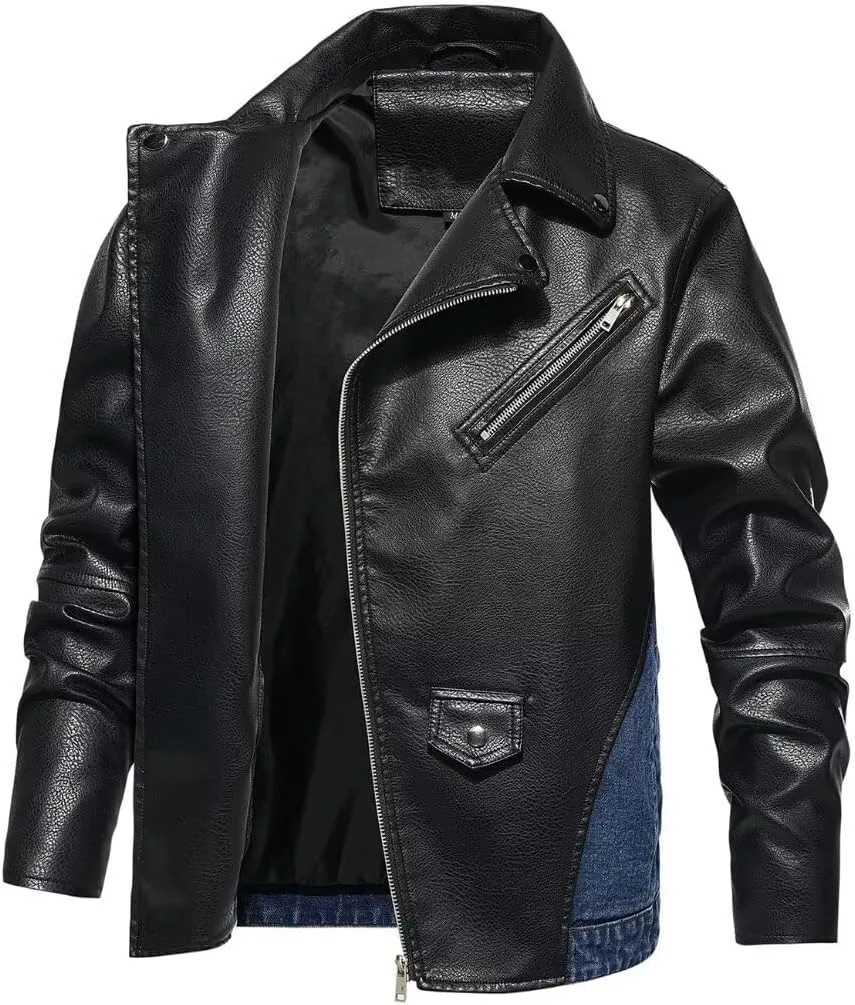 INVACHI Mens Leather Jacket & Denim Patchwork Motorcycle Jacket Notched Lapel Biker Style Jacket for Men