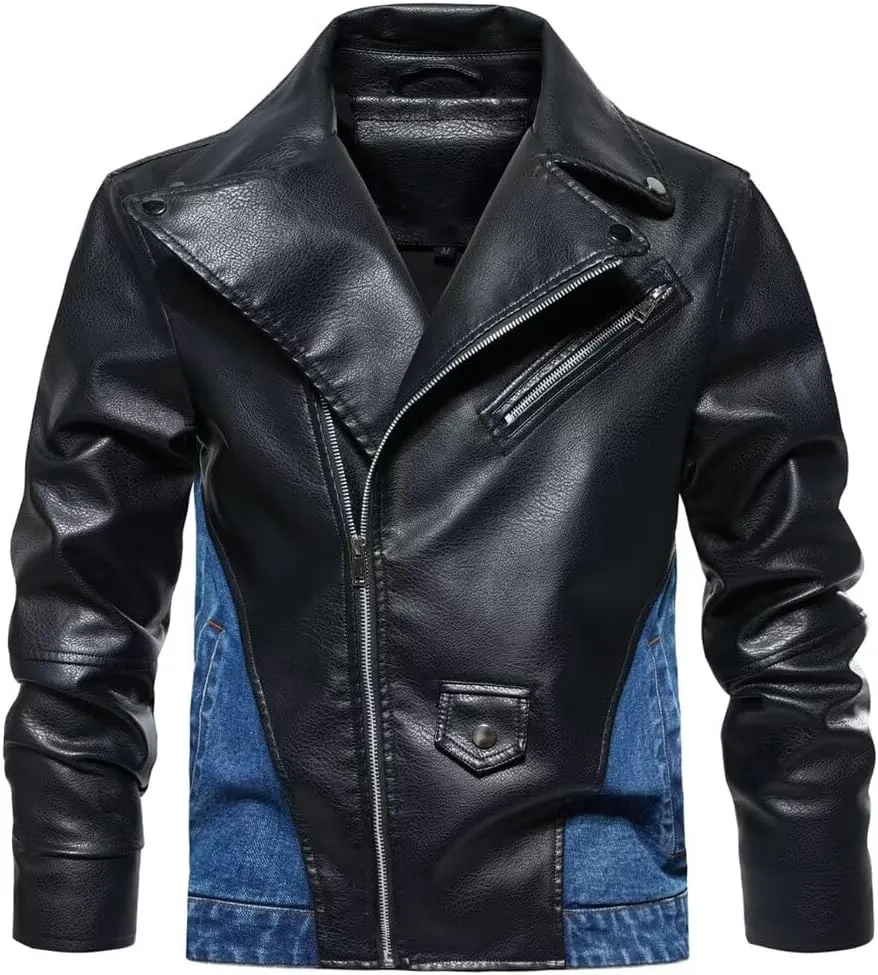 INVACHI Mens Leather Jacket & Denim Patchwork Motorcycle Jacket Notched Lapel Biker Style Jacket for Men