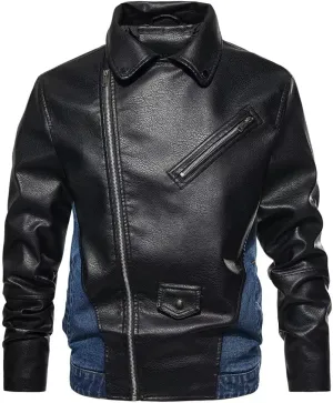 INVACHI Mens Leather Jacket & Denim Patchwork Motorcycle Jacket Notched Lapel Biker Style Jacket for Men
