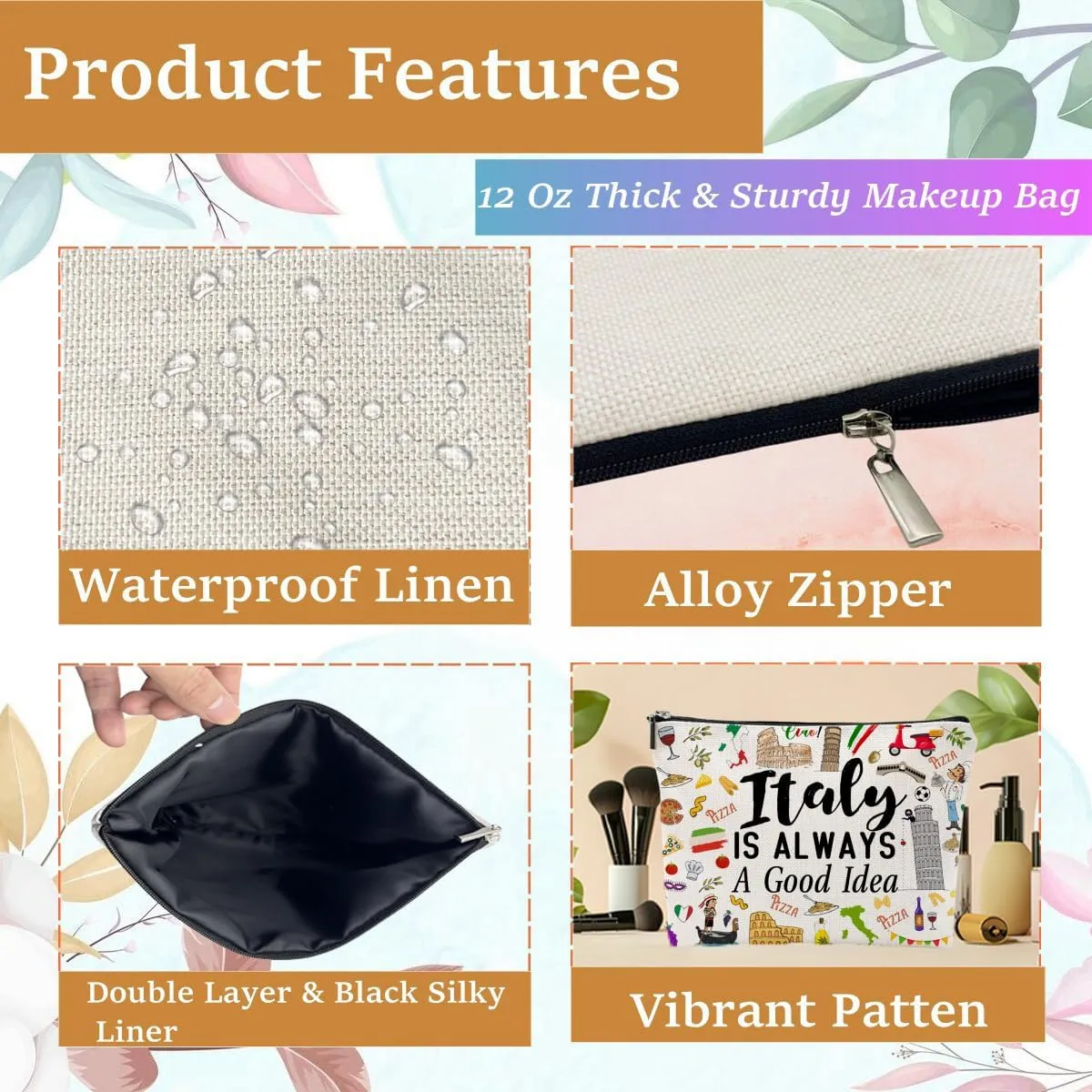 Italy Travel Makeup Bag, Italy Travel Souvenir Gift Cosmetic Bag for Travelers Besties Girls Friends Travel Lovers, Large Linen Toiletry Organizer Zipper Bag for Daily Use (Italy)