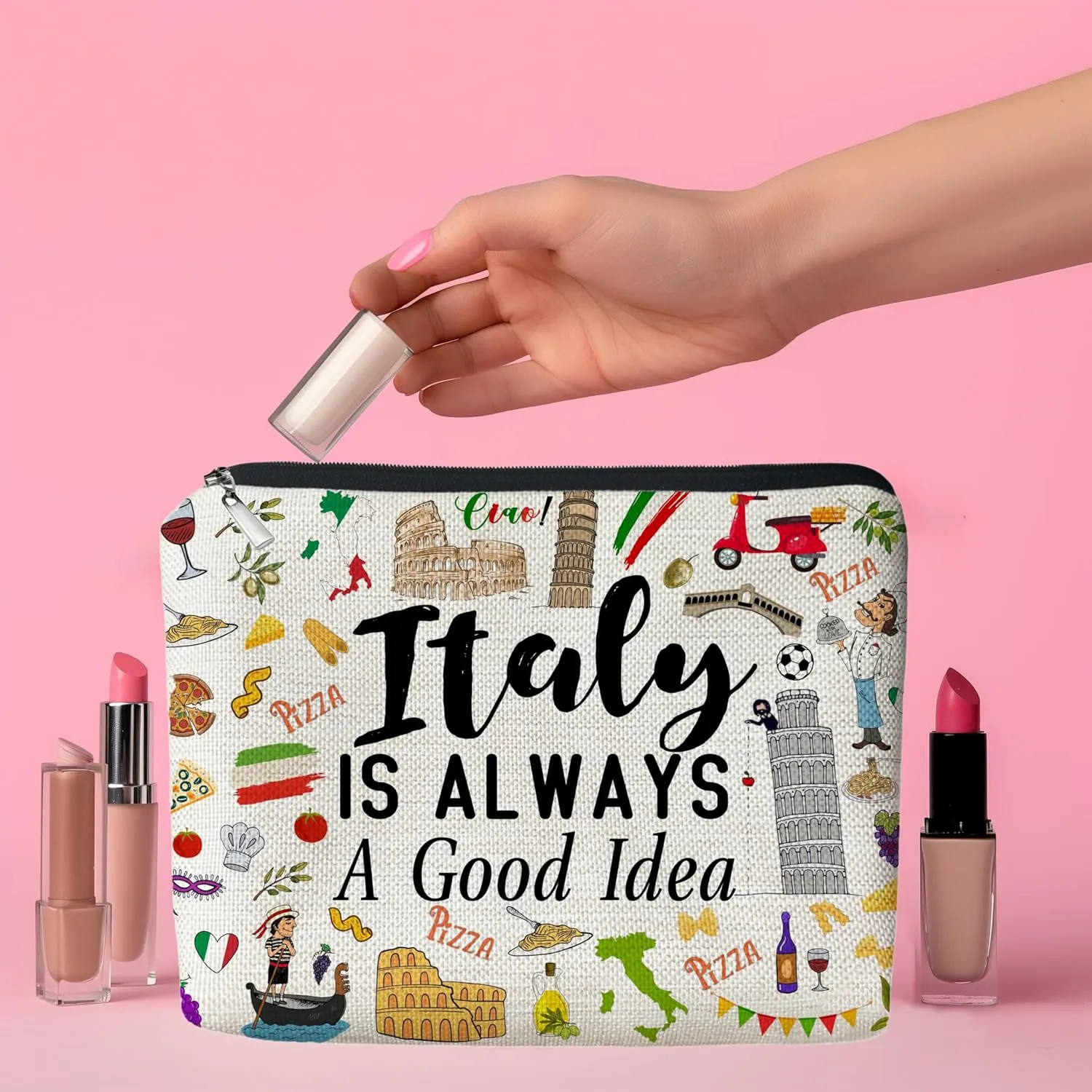 Italy Travel Makeup Bag, Italy Travel Souvenir Gift Cosmetic Bag for Travelers Besties Girls Friends Travel Lovers, Large Linen Toiletry Organizer Zipper Bag for Daily Use (Italy)
