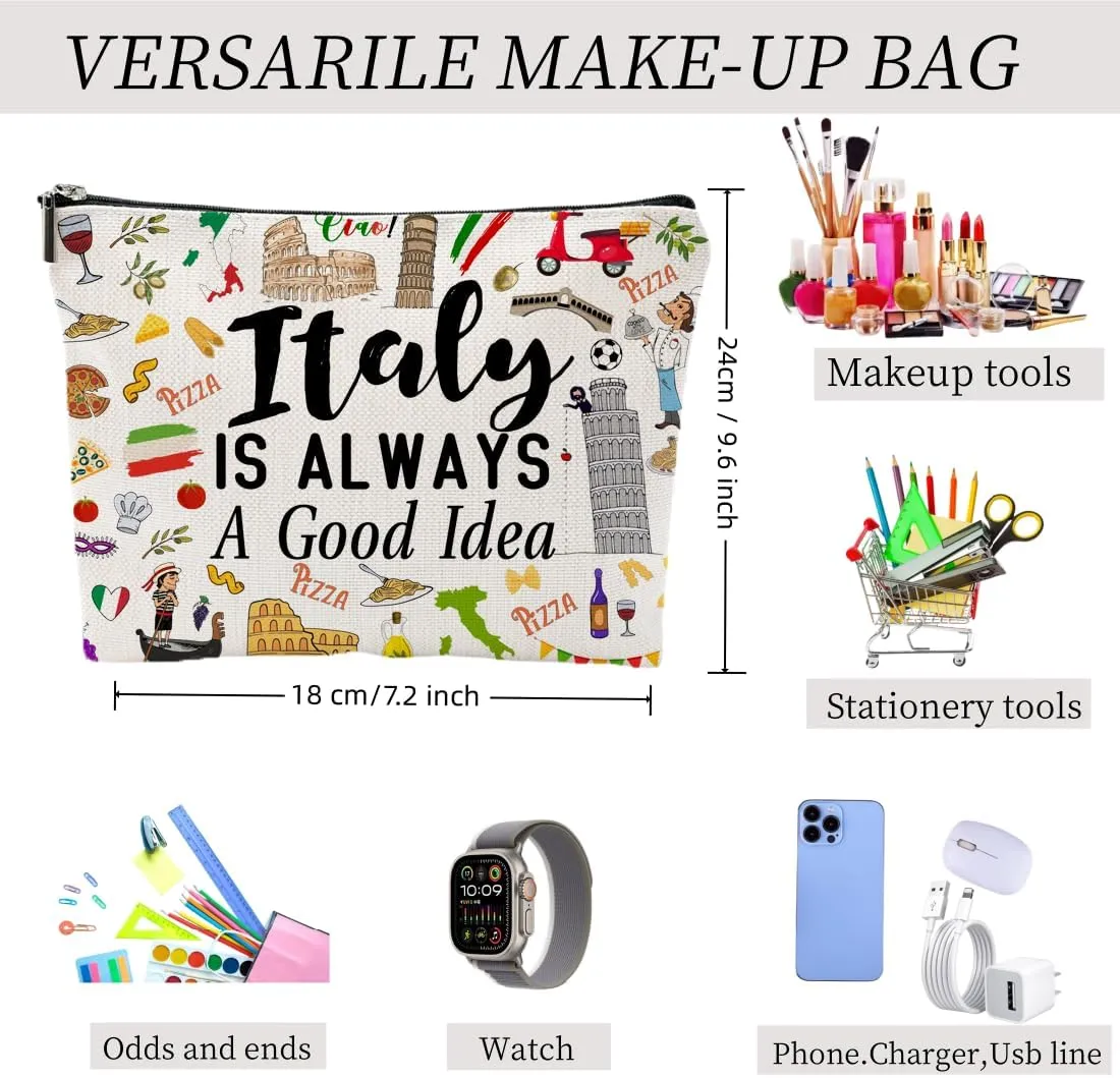 Italy Travel Makeup Bag, Italy Travel Souvenir Gift Cosmetic Bag for Travelers Besties Girls Friends Travel Lovers, Large Linen Toiletry Organizer Zipper Bag for Daily Use (Italy)