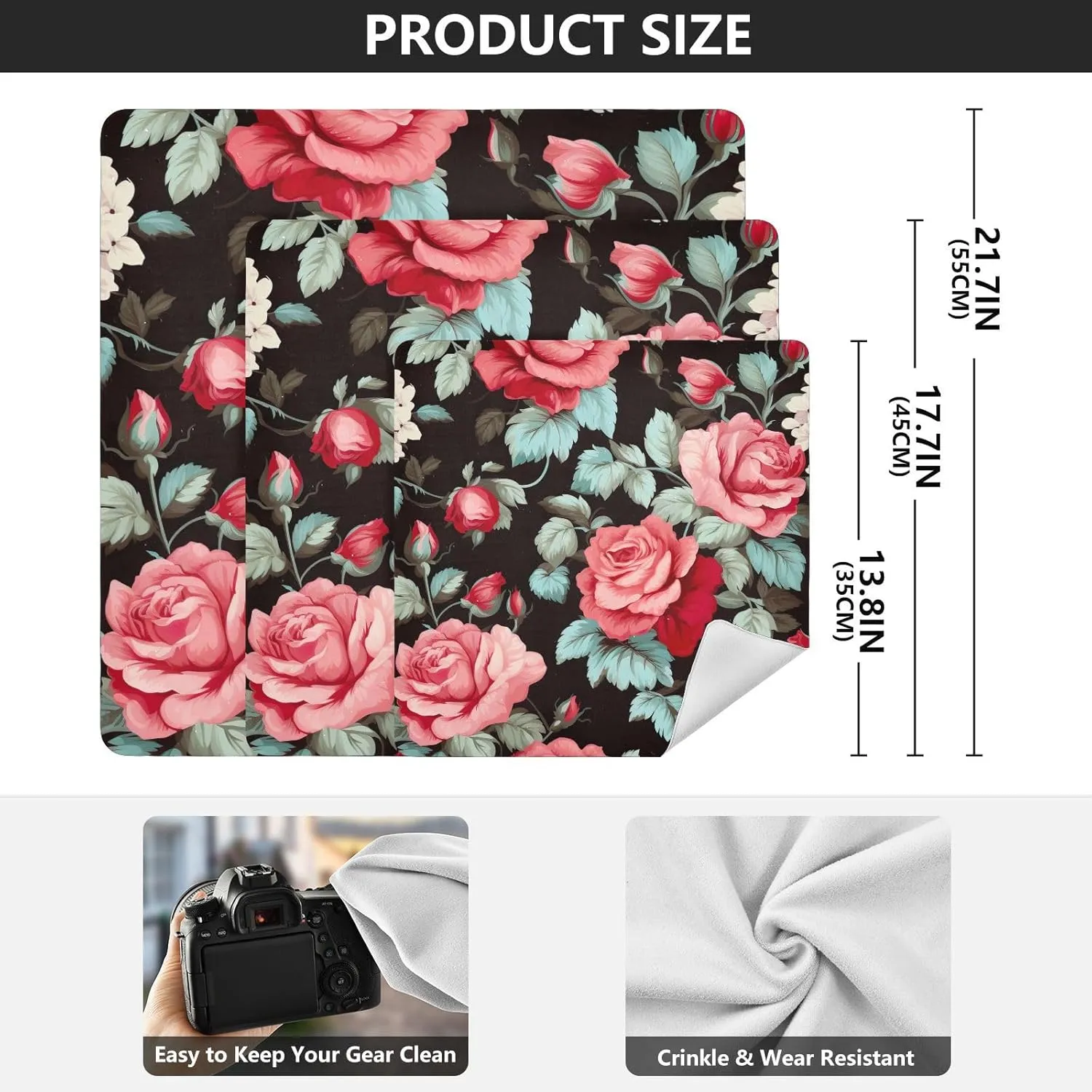 J JOYSAY Vintage Red Roses Self-Adhesive Magic Cloth Makeup Bag Magic Bag Travel Protective Wrap for Travel Daily Use,21.7 In