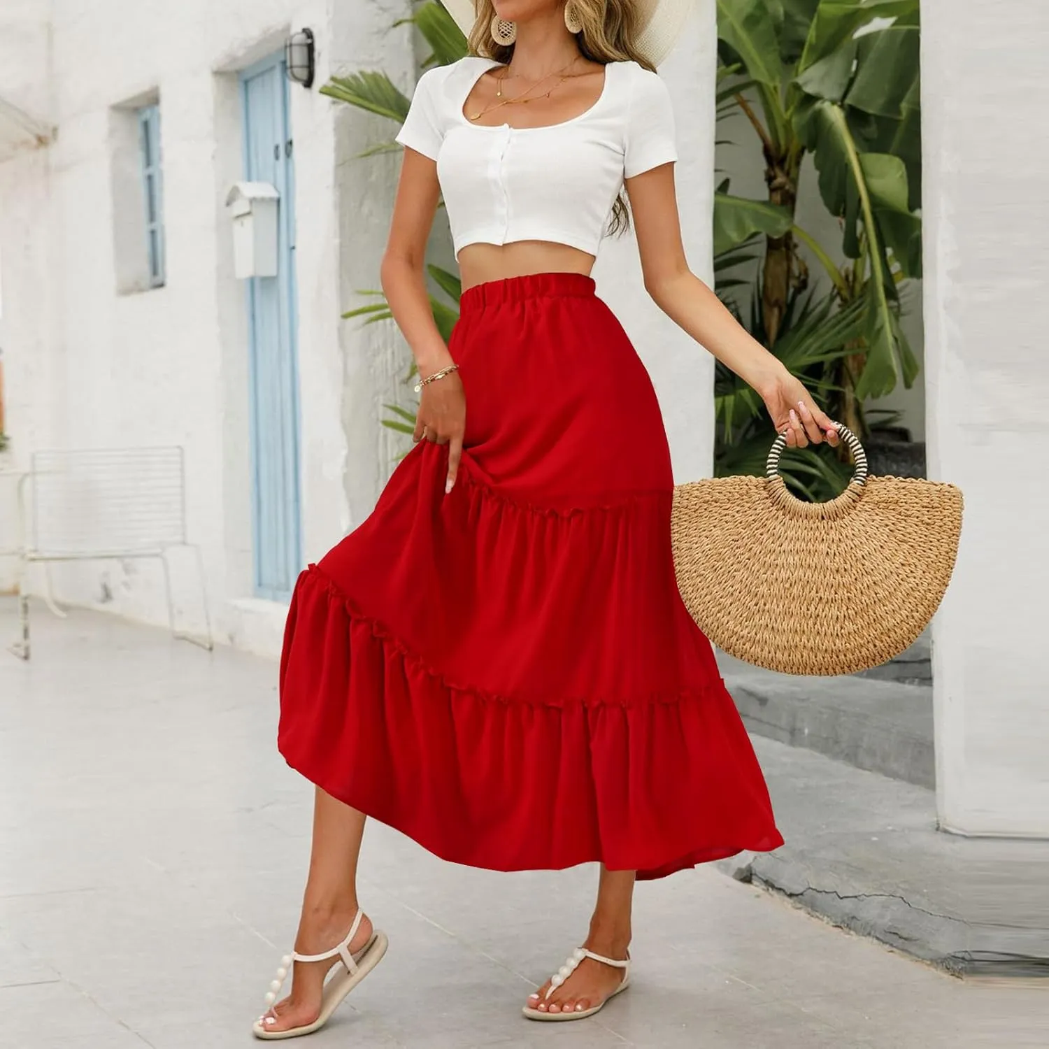 Jane Shine Women's Summer Boho Maxi A-Line Long Skirts Elastic High Waist Ruffle Swing Beach Dress with Lining