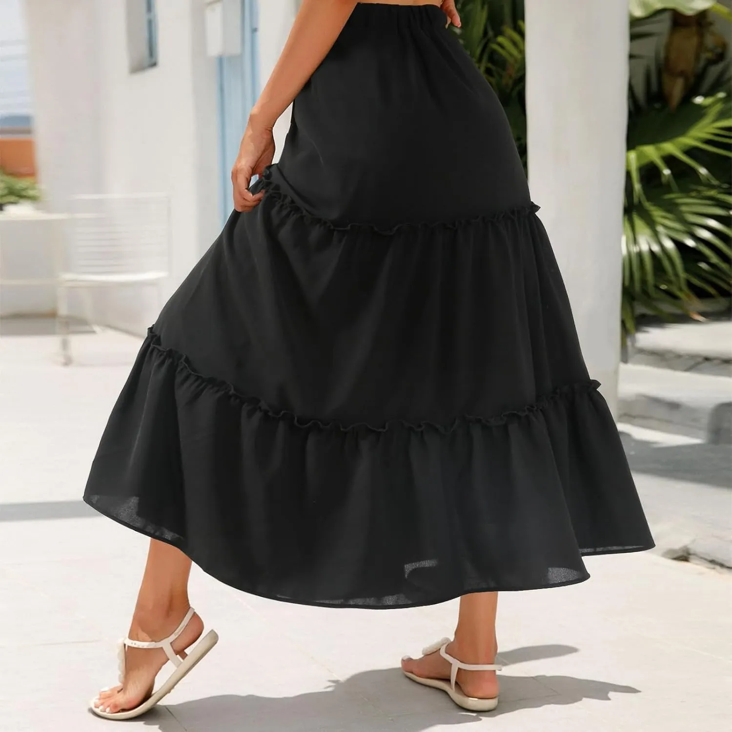 Jane Shine Women's Summer Boho Maxi A-Line Long Skirts Elastic High Waist Ruffle Swing Beach Dress with Lining