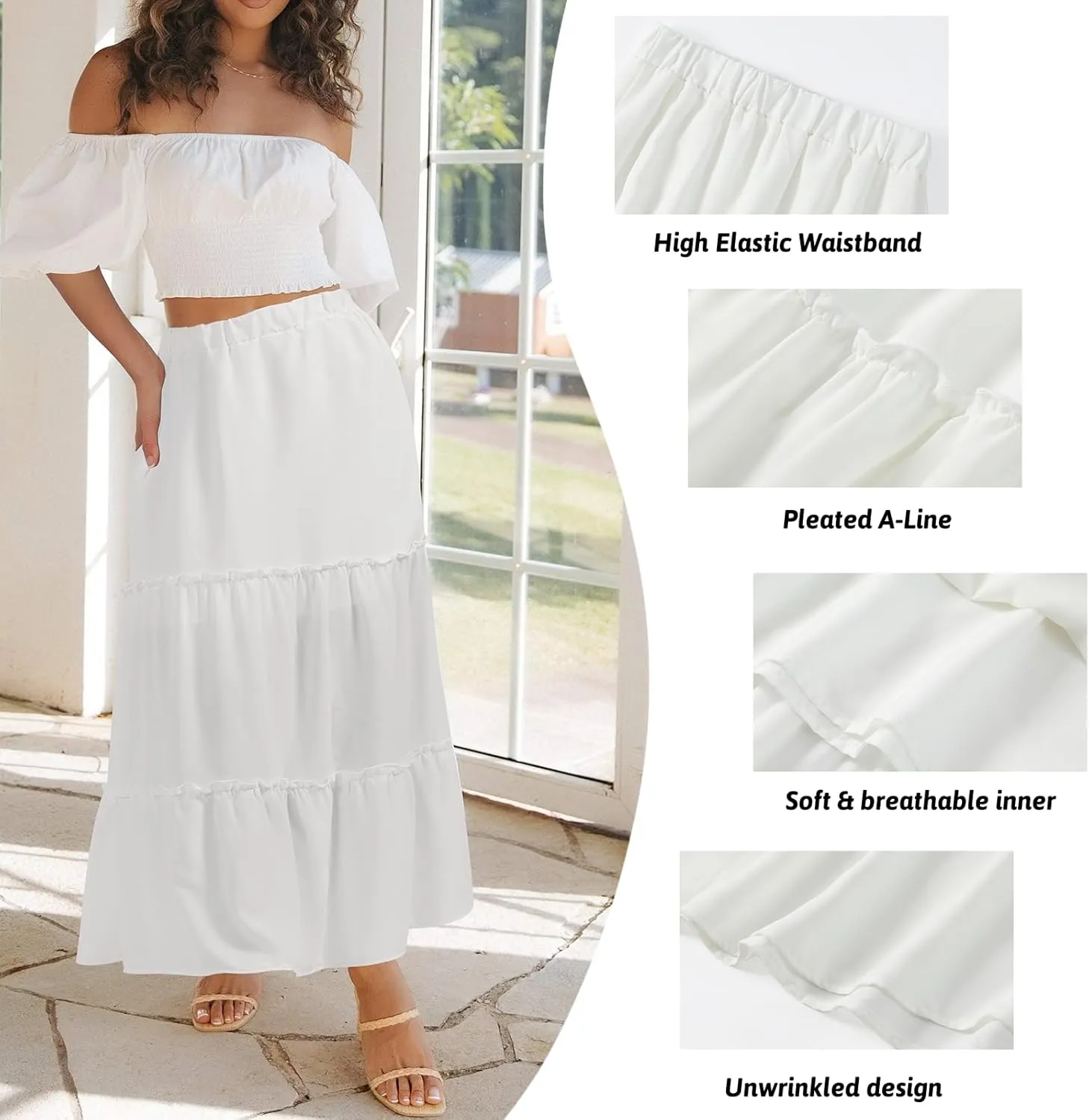 Jane Shine Women's Summer Boho Maxi A-Line Long Skirts Elastic High Waist Ruffle Swing Beach Dress with Lining