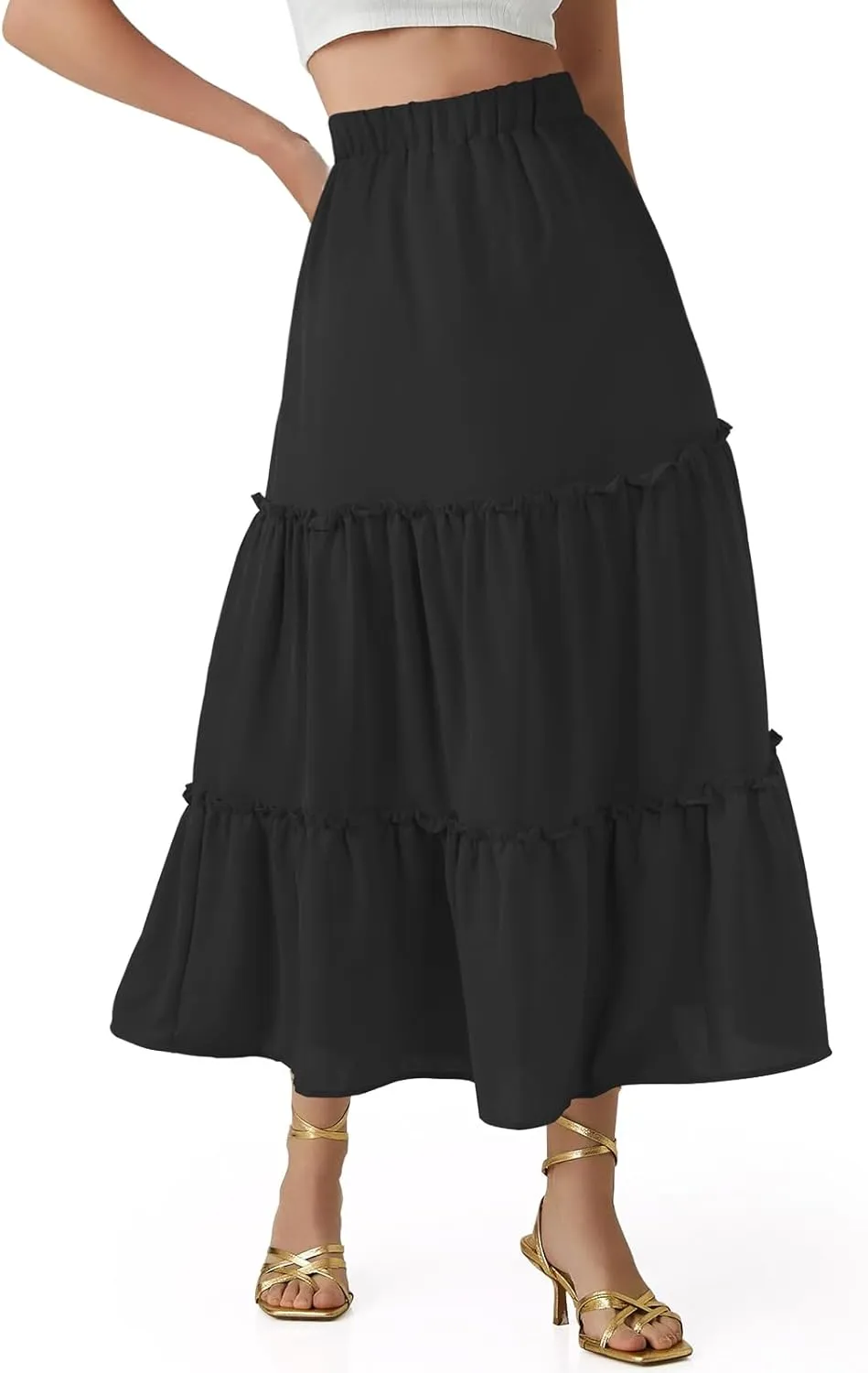 Jane Shine Women's Summer Boho Maxi A-Line Long Skirts Elastic High Waist Ruffle Swing Beach Dress with Lining