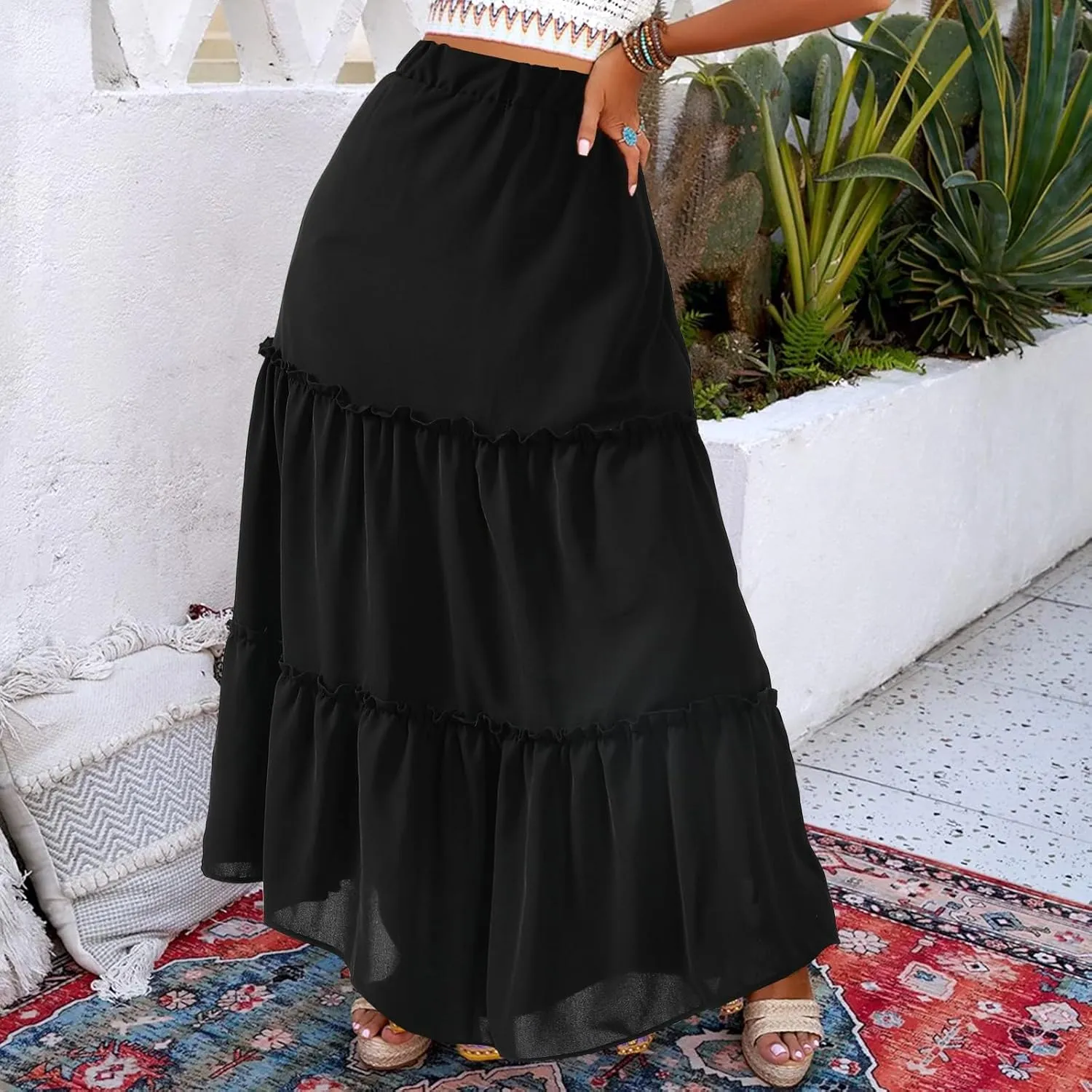 Jane Shine Women's Summer Boho Maxi A-Line Long Skirts Elastic High Waist Ruffle Swing Beach Dress with Lining