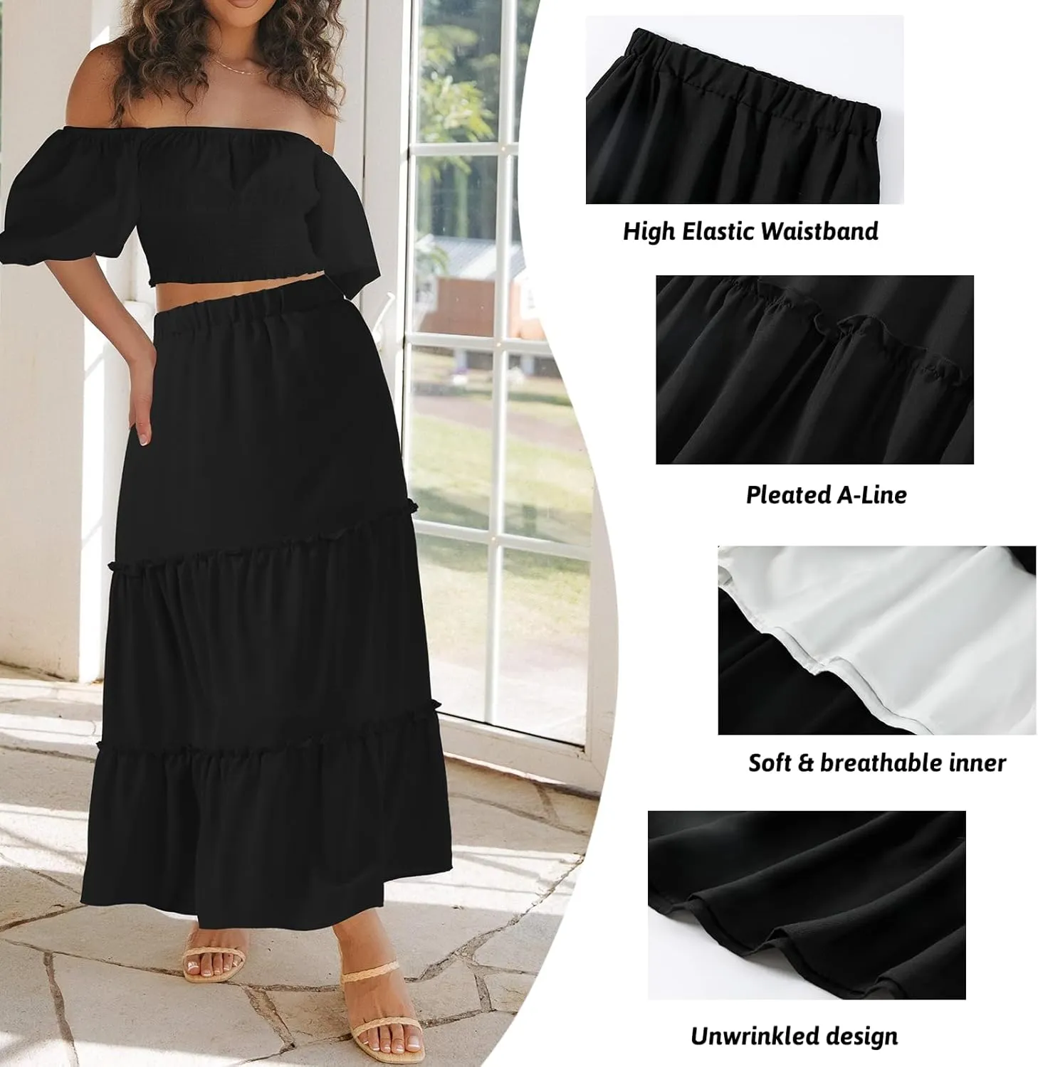 Jane Shine Women's Summer Boho Maxi A-Line Long Skirts Elastic High Waist Ruffle Swing Beach Dress with Lining