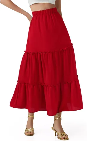 Jane Shine Women's Summer Boho Maxi A-Line Long Skirts Elastic High Waist Ruffle Swing Beach Dress with Lining