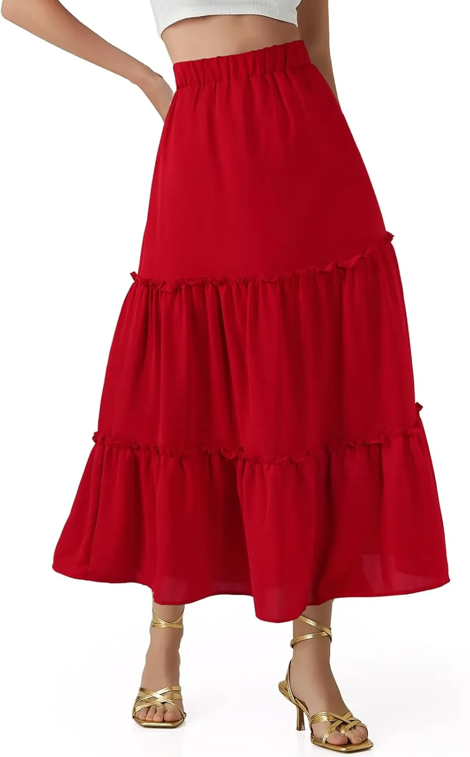 Jane Shine Women's Summer Boho Maxi A-Line Long Skirts Elastic High Waist Ruffle Swing Beach Dress with Lining