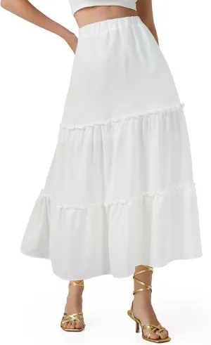 Jane Shine Women's Summer Boho Maxi A-Line Long Skirts Elastic High Waist Ruffle Swing Beach Dress with Lining