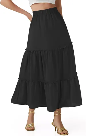Jane Shine Women's Summer Boho Maxi A-Line Long Skirts Elastic High Waist Ruffle Swing Beach Dress with Lining