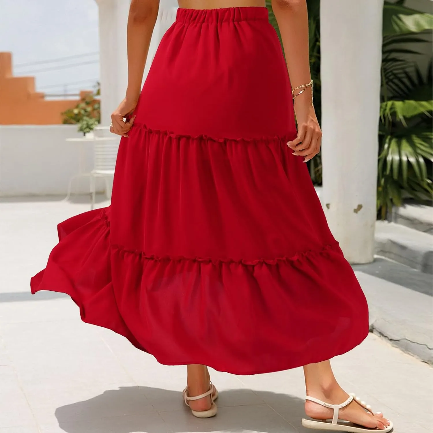 Jane Shine Women's Summer Boho Maxi A-Line Long Skirts Elastic High Waist Ruffle Swing Beach Dress with Lining