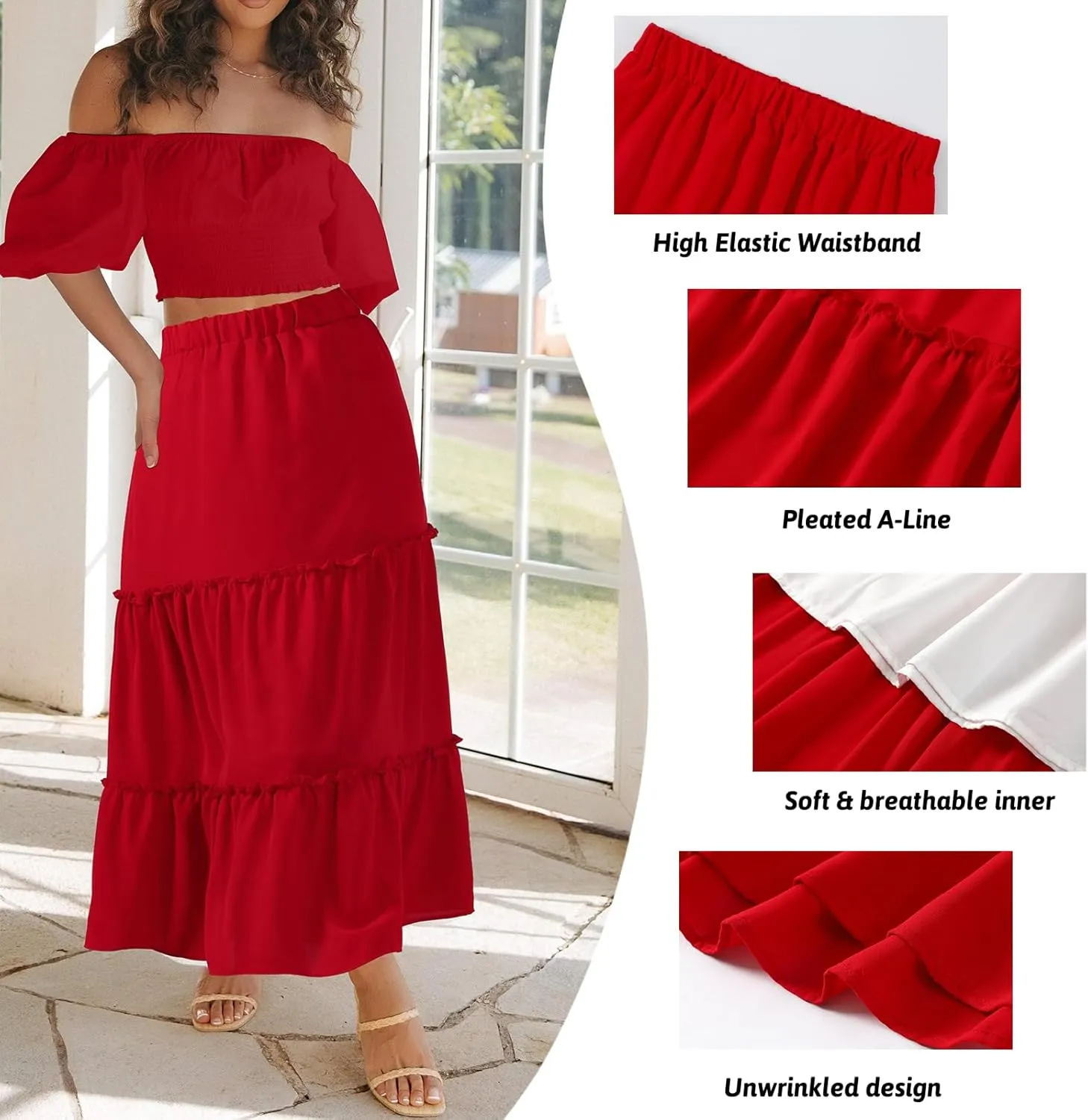 Jane Shine Women's Summer Boho Maxi A-Line Long Skirts Elastic High Waist Ruffle Swing Beach Dress with Lining