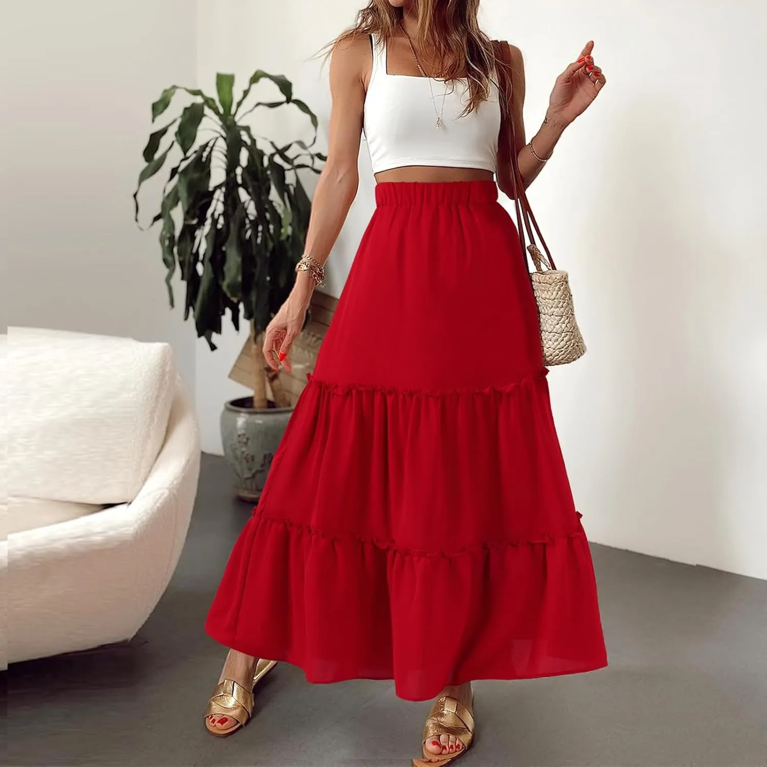 Jane Shine Women's Summer Boho Maxi A-Line Long Skirts Elastic High Waist Ruffle Swing Beach Dress with Lining