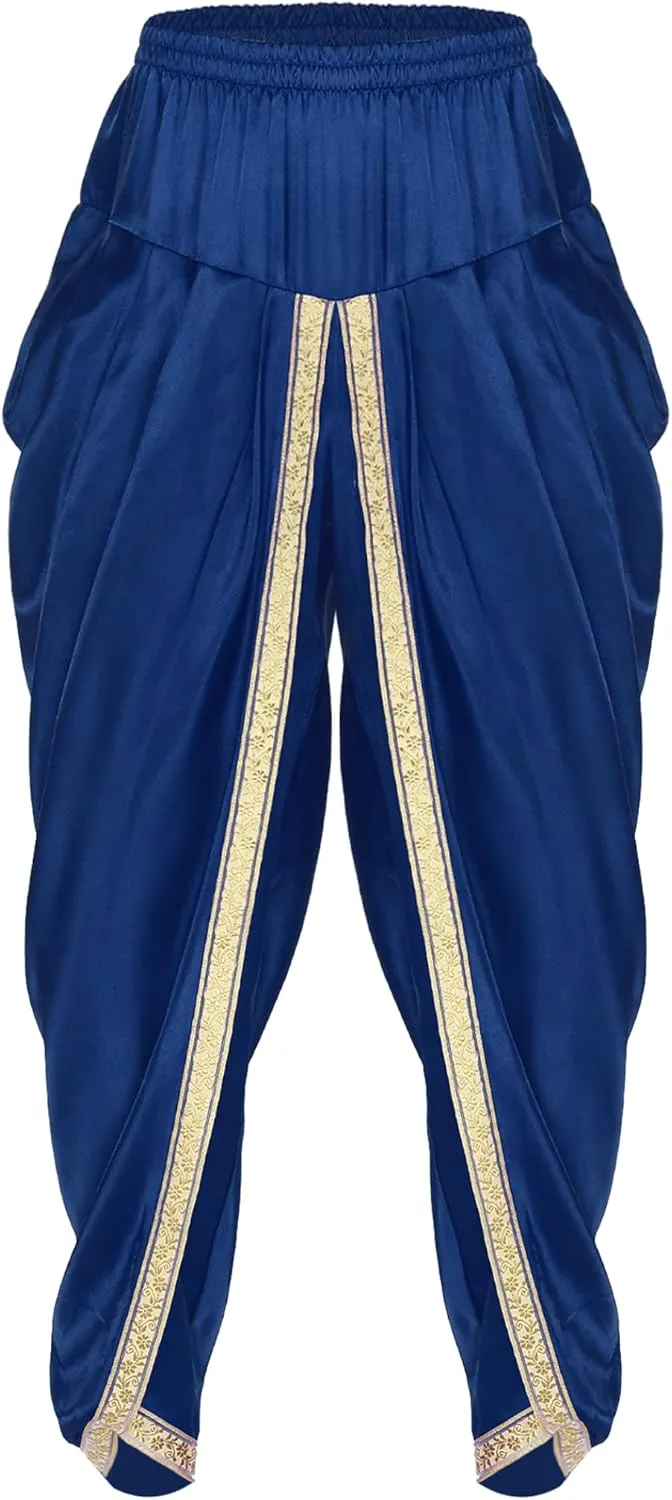 JEYPINMI Men India Satin Dhoti Pants Ruffle Elastic Waistband Draped Baggy Pant for Hippie Yoga