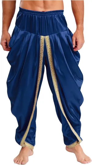 JEYPINMI Men India Satin Dhoti Pants Ruffle Elastic Waistband Draped Baggy Pant for Hippie Yoga