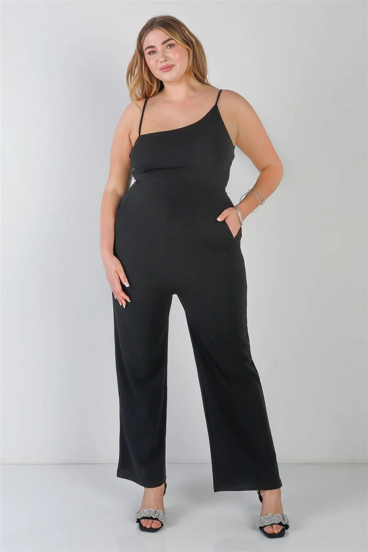 Junior Plus Black Sleeveless Asymmetrical Neck Two Pocket Side Jumpsuit /2-2-2