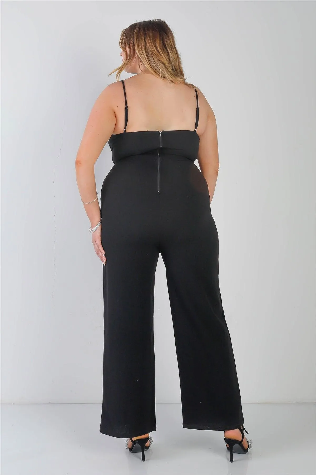 Junior Plus Black Sleeveless Asymmetrical Neck Two Pocket Side Jumpsuit /2-2-2