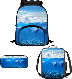 Kawaii Dolphin Backpacks Set for School Kids Lightweight School Book Bag Lunch Box Pen Bag for Girls Boys Daily Use Travel Padded Back Blue