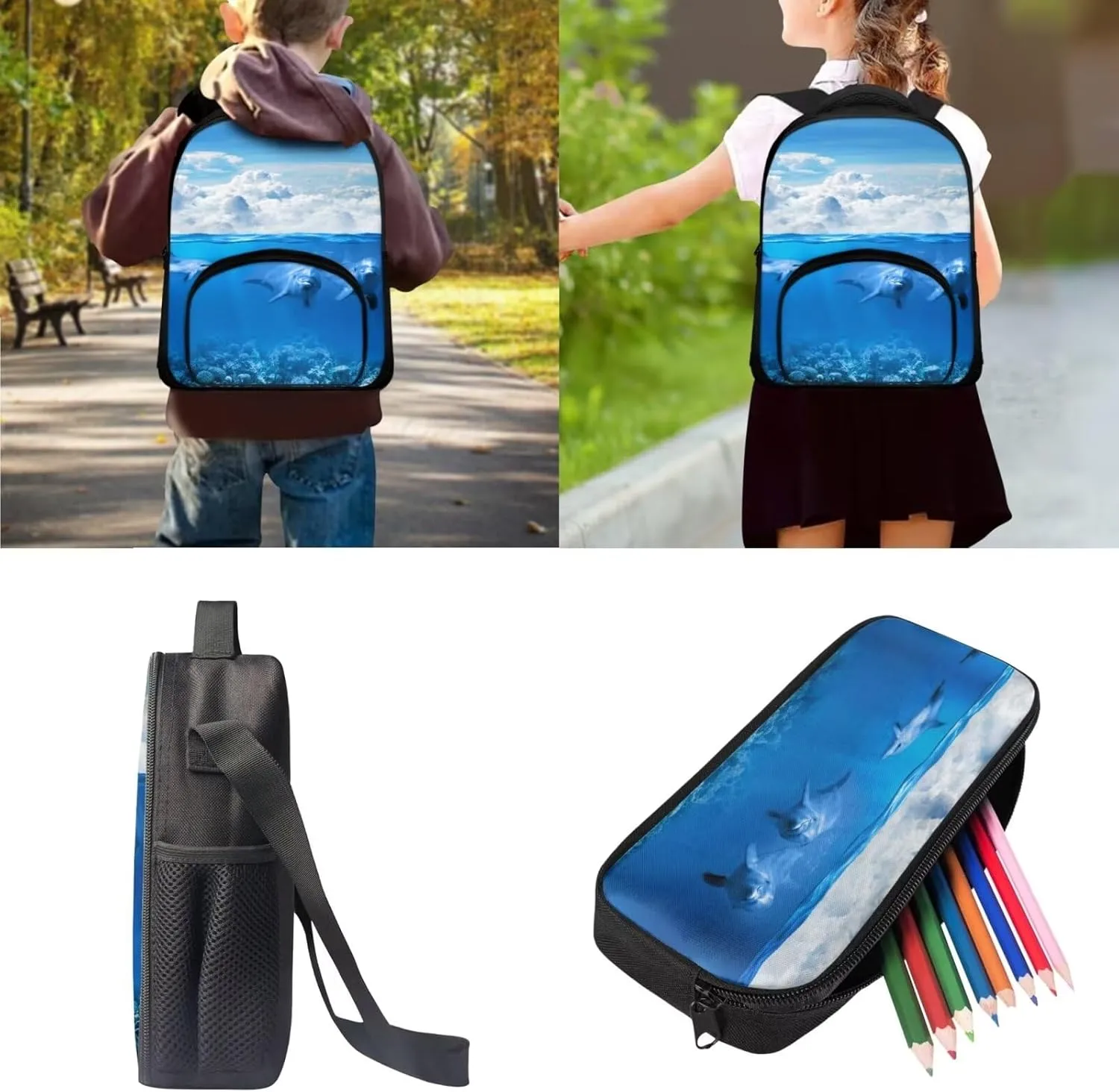 Kawaii Dolphin Backpacks Set for School Kids Lightweight School Book Bag Lunch Box Pen Bag for Girls Boys Daily Use Travel Padded Back Blue