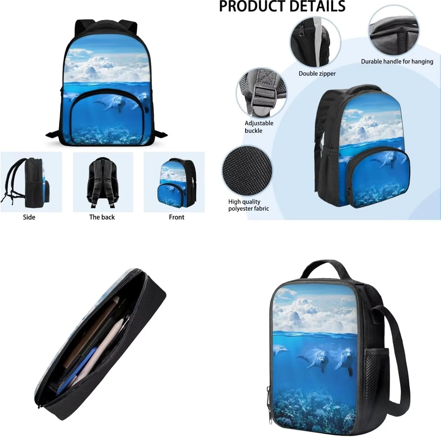 Kawaii Dolphin Backpacks Set for School Kids Lightweight School Book Bag Lunch Box Pen Bag for Girls Boys Daily Use Travel Padded Back Blue