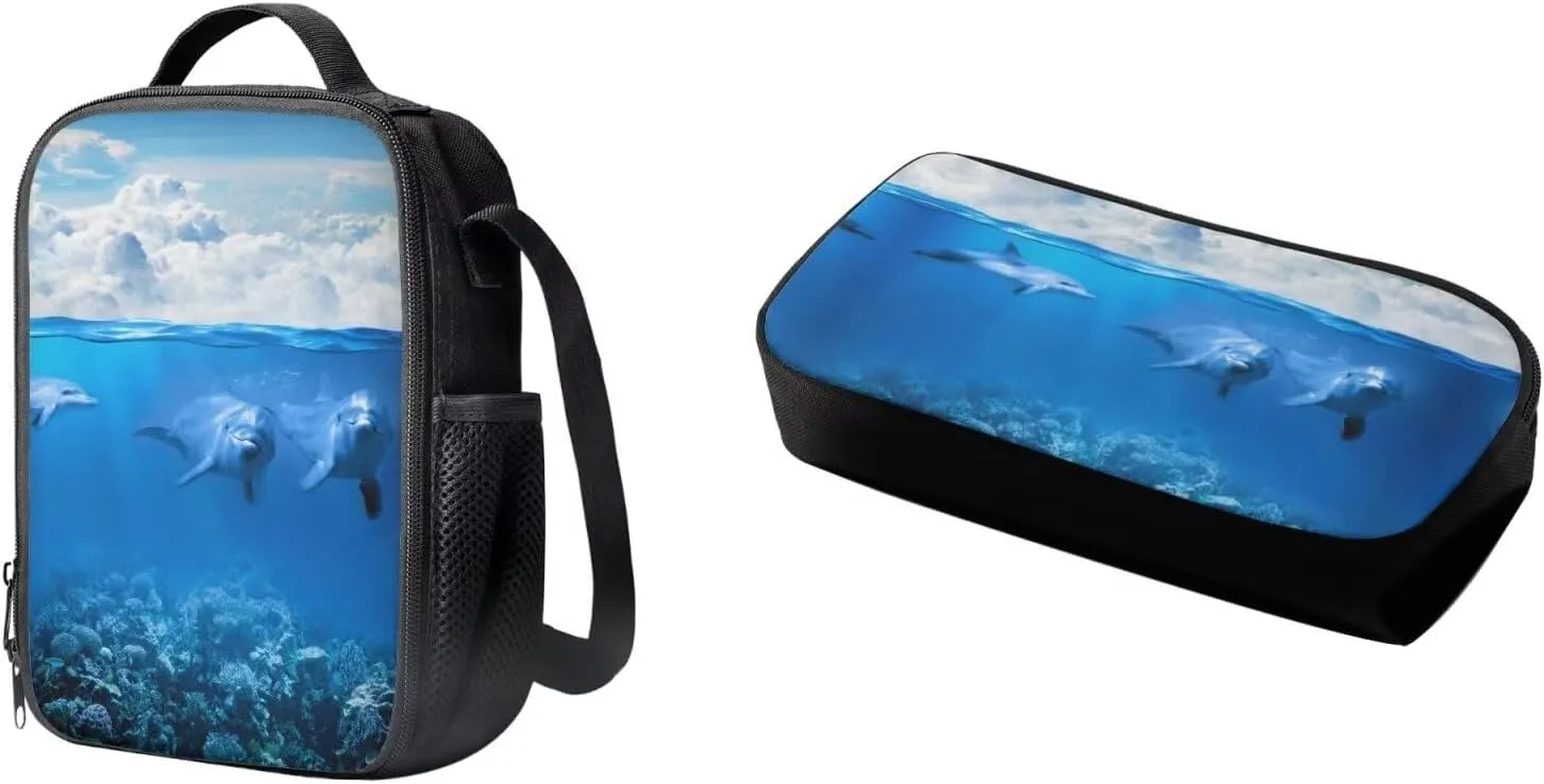Kawaii Dolphin Backpacks Set for School Kids Lightweight School Book Bag Lunch Box Pen Bag for Girls Boys Daily Use Travel Padded Back Blue