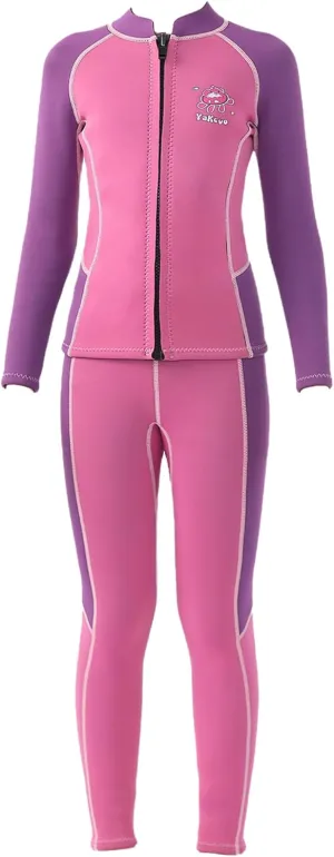 Kids Girls 2Pcs 2.5mm Neoprene Long Sleeve Swimsuit Diving Wetsuit Swim Tops and Pants Thermal Surfing Suit