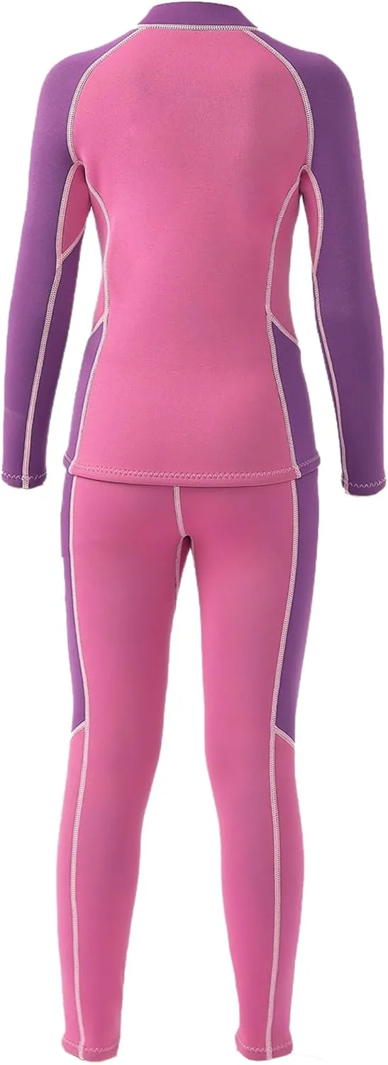 Kids Girls 2Pcs 2.5mm Neoprene Long Sleeve Thermal Swimsuit Surfing Diving Wet Suit Swim Tops and Pants