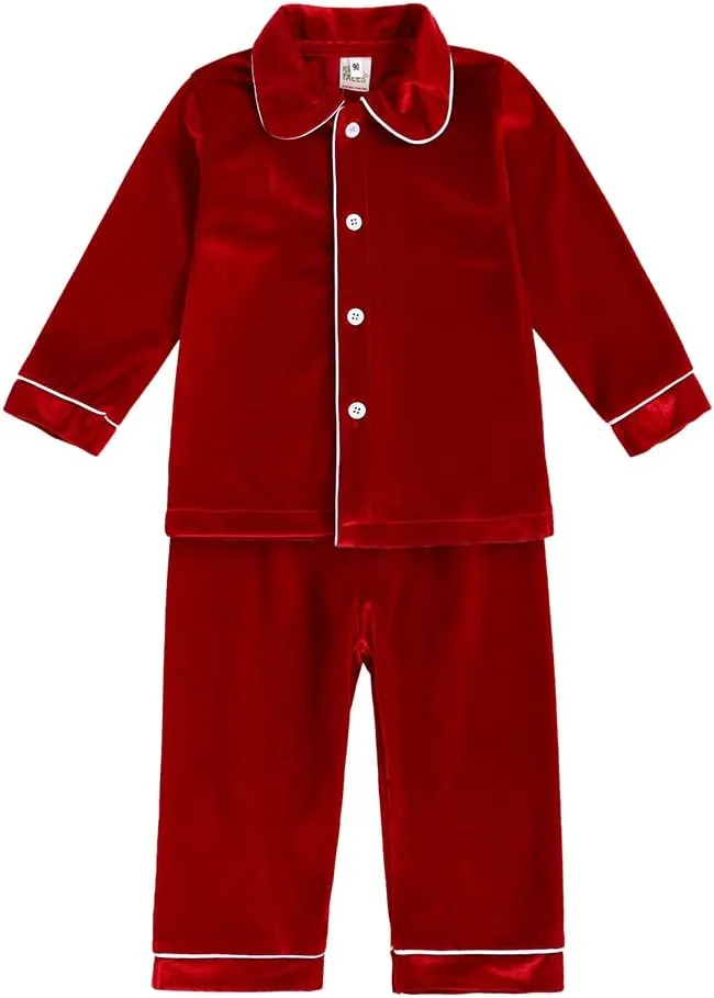 Kids Tales Child Velvet Pajama Sets Christmas Button Down Long Sleeve Shirt   Long Pants Boys Girls Solid Loungewear 2PCS