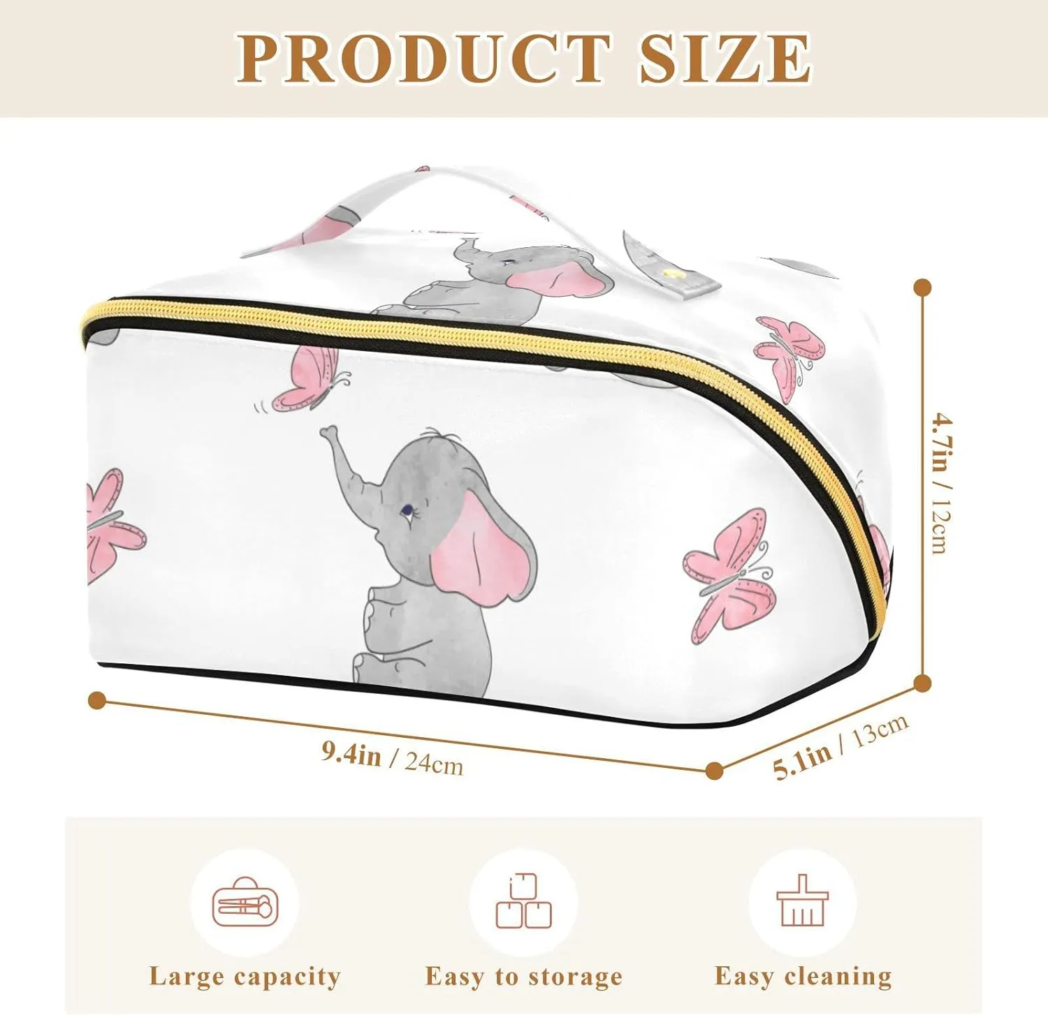 KLL Elephant Butterfly Large Capacity Makeup Bag, Portable Toiletry Bag Cosmetic Bag with Dividers and Handle for Travel, Daily Use