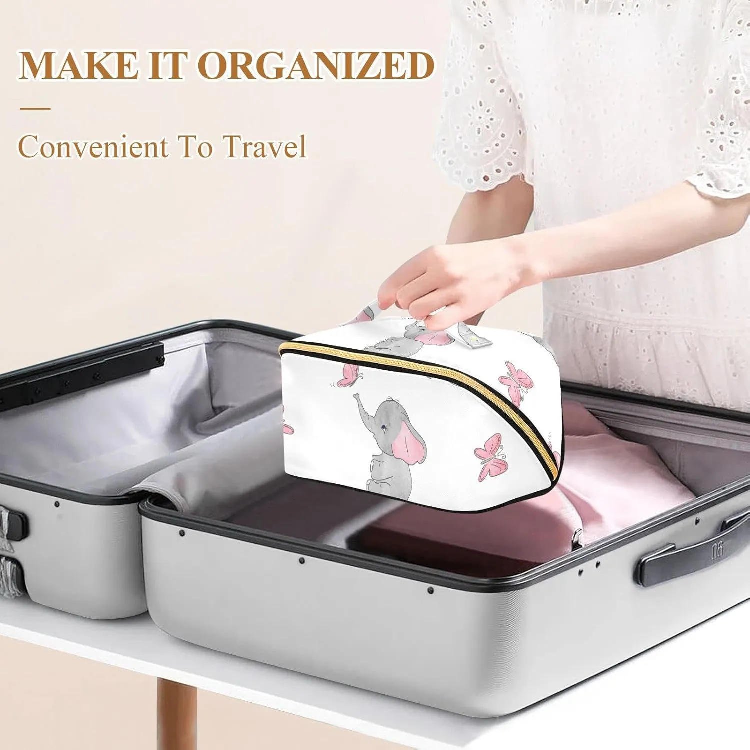 KLL Elephant Butterfly Large Capacity Makeup Bag, Portable Toiletry Bag Cosmetic Bag with Dividers and Handle for Travel, Daily Use