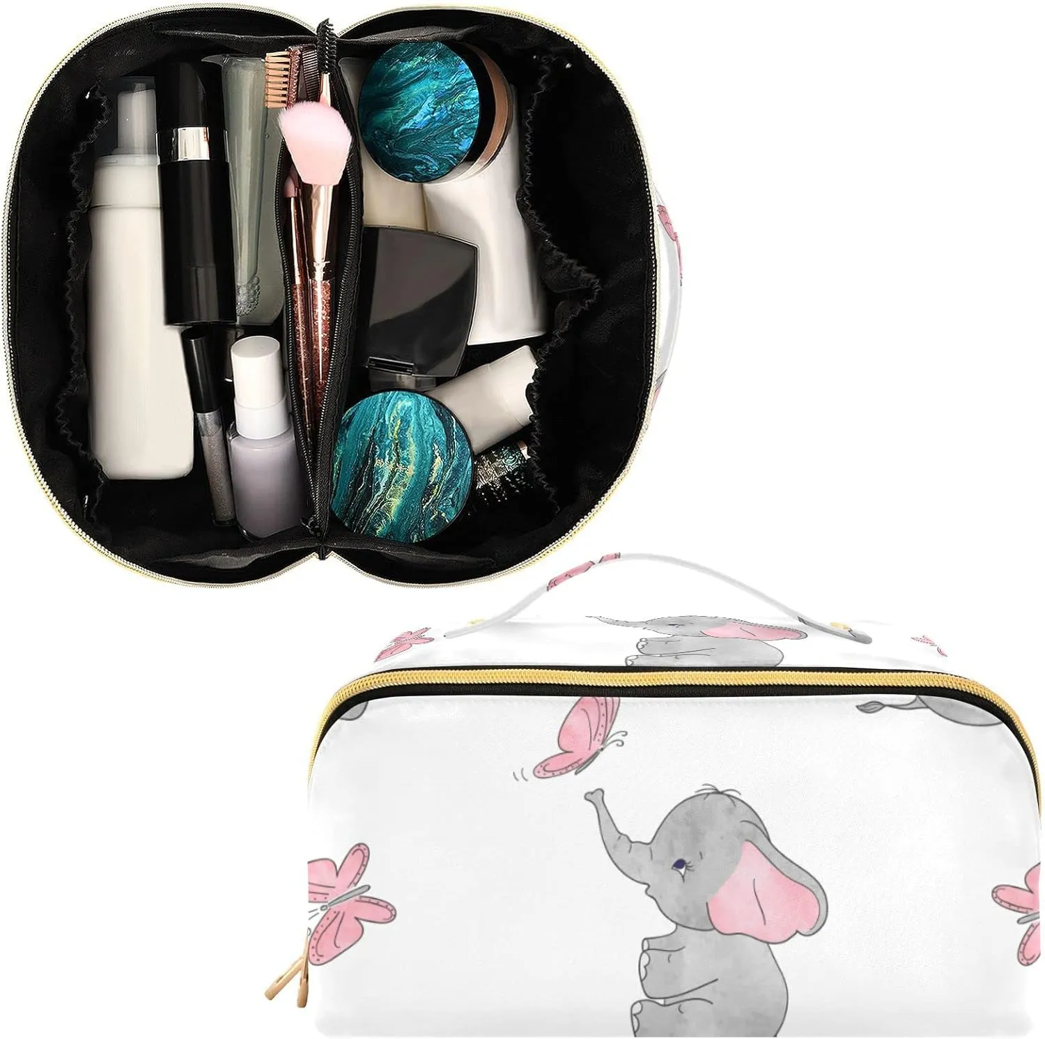 KLL Elephant Butterfly Large Capacity Makeup Bag, Portable Toiletry Bag Cosmetic Bag with Dividers and Handle for Travel, Daily Use
