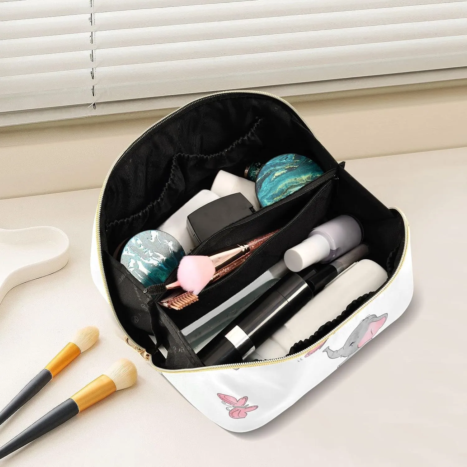 KLL Elephant Butterfly Large Capacity Makeup Bag, Portable Toiletry Bag Cosmetic Bag with Dividers and Handle for Travel, Daily Use