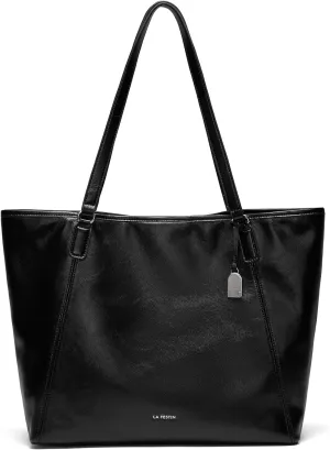 LA FESTIN Black Leather Tote Bag for Women: Large Shoulder Bag with Strap - Trendy Clutch Perfect for Daily Use and Social Occasion