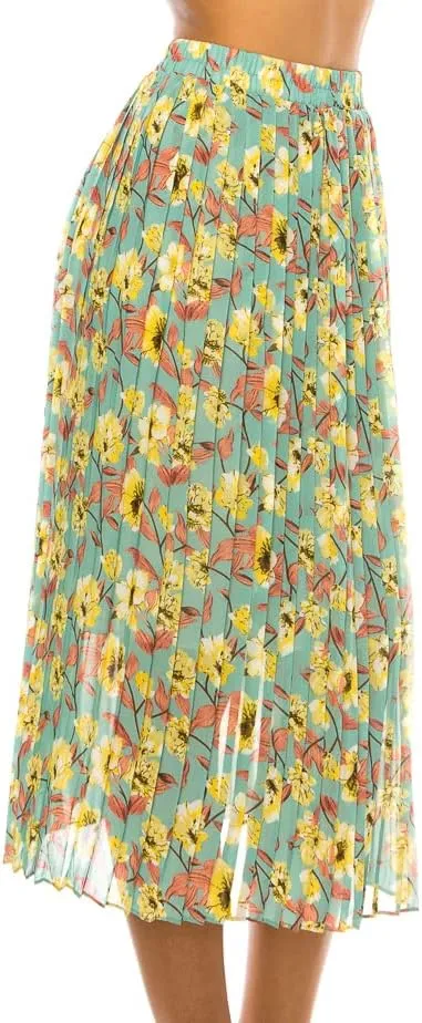 LA12ST Women Pleated A-Line High Waist Swing Flare Midi Skirt