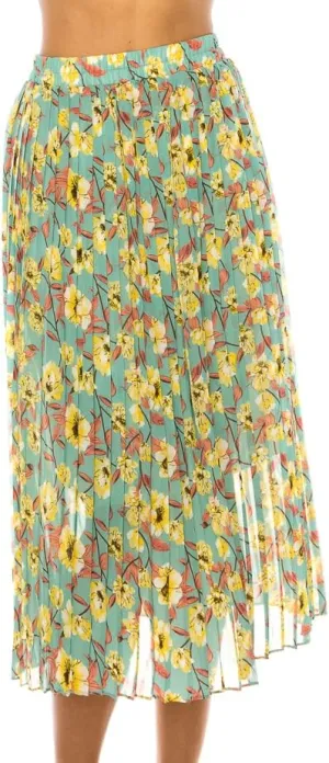 LA12ST Women Pleated A-Line High Waist Swing Flare Midi Skirt