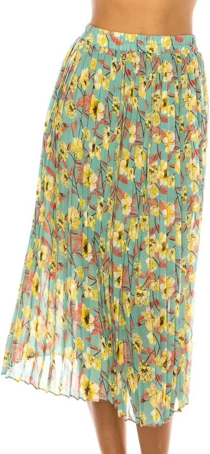 LA12ST Women Pleated A-Line High Waist Swing Flare Midi Skirt